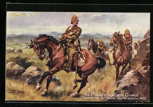Künstler-AK Harry Payne: The 1st King`s Dragoon Guards, scouting at dawn in South Africa 1902