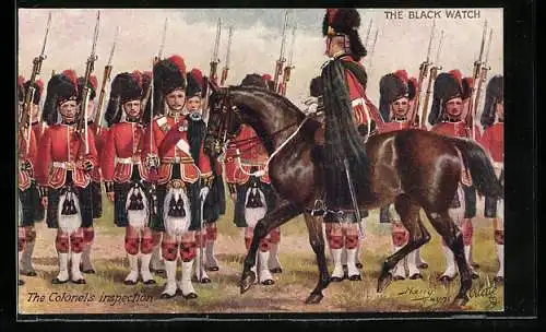 Künstler-AK Harry Payne: The Black Watch, the Colonel`s inspection, Uniformen