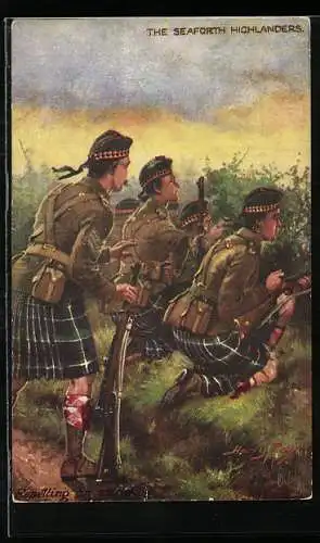 Künstler-AK Harry Payne: The Seaforth Highlanders, Repelling an Attack, Soldaten wehren einen Angriff ab
