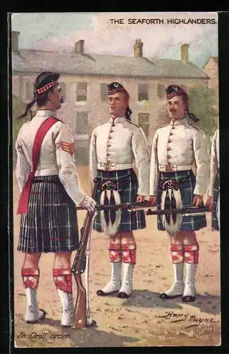 Künstler-AK Harry Payne: The Seaforth Highlanders, In Dill order, Soldaten in Kilts mit Gewehren