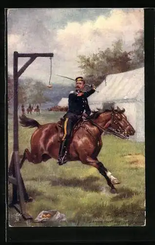 Künstler-AK Harry Payne: Soldat in Uniform mit Degen zu Pferde auf dem Übungsplatz