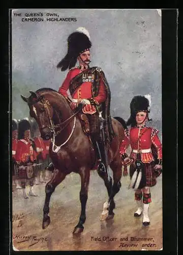 Künstler-AK Harry Payne: The Queen`s own Cameron Highlanders, Field Officer and Drummer, Review Order