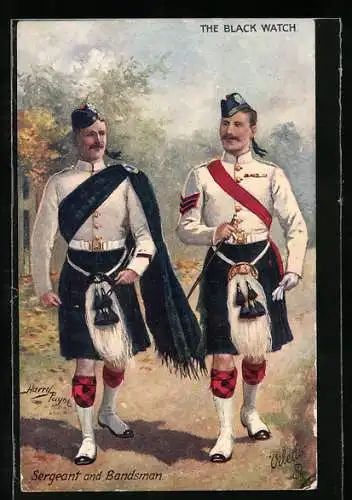 Künstler-AK Harry Payne: The Black Watch, Sergeant and Bandsman