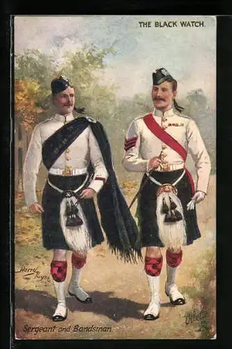 Künstler-AK Harry Payne: The Black watch, sergeant and Bandsman