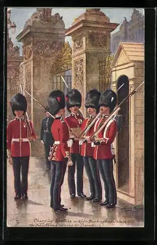 Künstler-AK Harry Payne: Changing Sentries outside Buckingham Palace, the goldtream guards