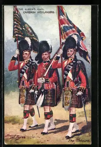 Künstler-AK Harry Payne: The Queen`s Own, Cameron Highlanders, The Colours, Soldaten im Kilt mit Fahne