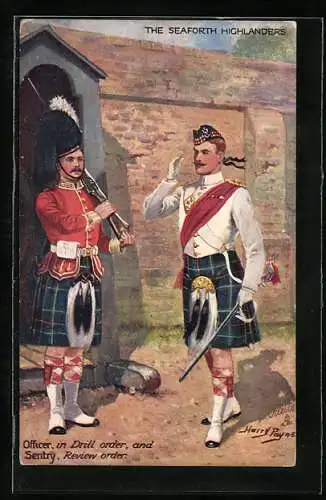 Künstler-AK Harry Payne: The Seaforth Highlanders, Officer in Drill order and Sentry Review order
