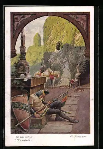 Künstler-AK Otto Kubel: Brüder Grimm, Dornröschen-Karte Nr. 5, Als der Königssohn sich der Hecke näherte...