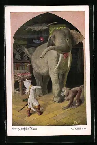 Künstler-AK Otto Kubel: Der gestiefelte Kater mit Elefant & Affe