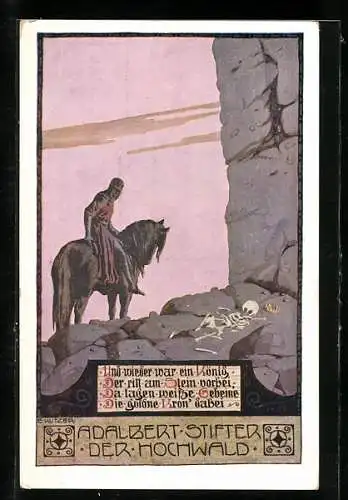 Künstler-AK Ernst Kutzer: Adalbert Stifter, Nr.14, Hochwald, Mann zu Pferd, Skelett