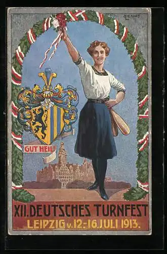 AK Leipzig, 12. Deutsches Turnfest, Juli 1913, Karte Nr. 6, Turnerin heisst Herzlich willkommen