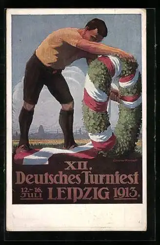 AK Deutsches Turnfest Leipzig 1913, Sportler mit einem Siegerkranz