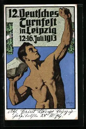 AK Leipzig, 12. Deutsches Turnfest, Juli 1913, Karte Nr. 4, Der Steinstösser