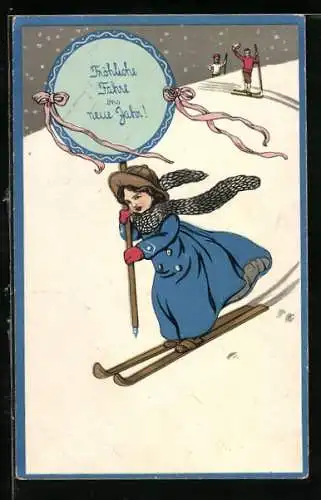 AK Mädchen auf Skiern fährt ins neue Jahr