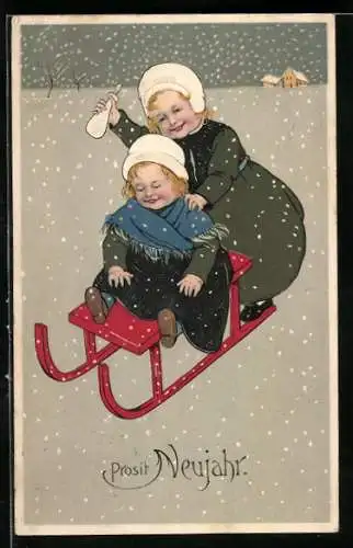 AK Zwei Kinder auf einem Schlitten bei Schnee, Neujahrsgruss