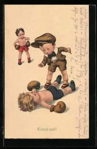 AK Knock-Out!, Boxkampf zwischen zwei Buben, Schiedsrichter zählt