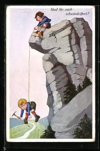 AK Bergsteigerin zieht Bergsteiger an Seil hinauf