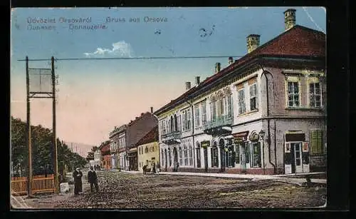 AK Orsova, Donauzeile mit Passanten