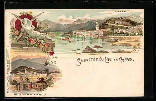 Lithographie Bellagio, Panorama, Villa Carlotta, Amor et Psyche