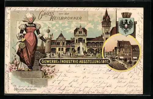 Lithographie Heilbronn, Gewerbe- und Industrieausstellung 1897, Tracht, Wappen