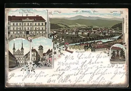 AK Leoben /Obersteier, Hôtel Post, Pfarrkirche, Stadtturm