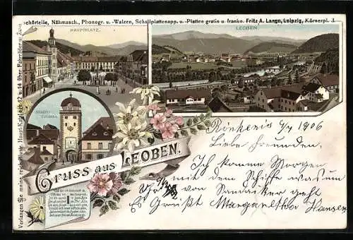 Lithographie Leoben, Stadt-Thurm, Hauptplatz, Ortsansicht