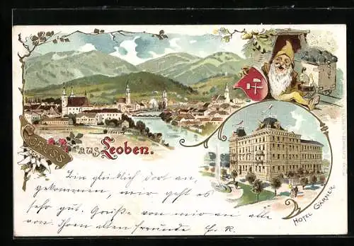 Lithographie Leoben, Gesamtansicht, Hotel Gärner, Zwerg