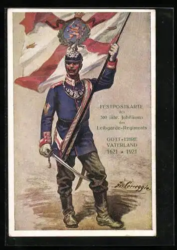 Künstler-AK 300 jähriges Jubiläum des Leibgarde-Regiments 1921, Soldat in Uniform mit Fahne