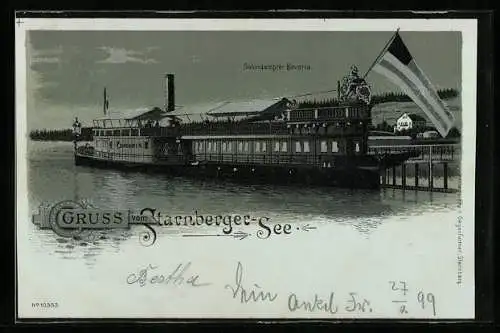 Mondschein-Lithographie Starnberg, Salondampfer Bavaria auf dem Starnberger See