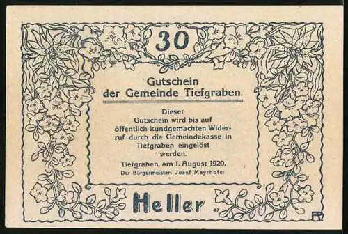Notgeld Tiefgraben 1920, 30 Heller, St. Kollomann Kapelle
