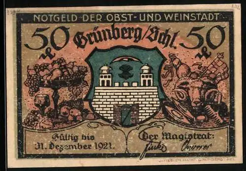 Notgeld Grünberg 1921, 50 Pfennig, Stadtwappen, Kath. Kirche