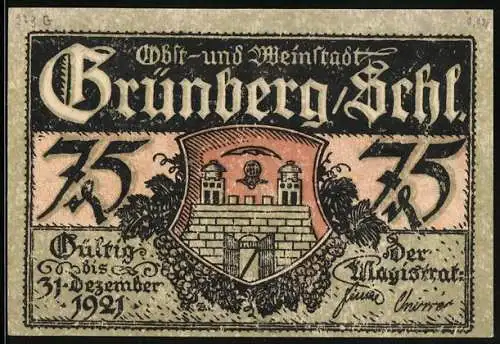 Notgeld Grünberg 1921, 75 Pfennig, Stadtwappen, Bachus und Mercurius