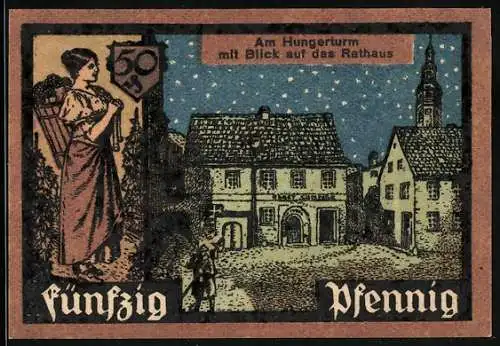 Notgeld Grünberg 1921, 50 Pfennig, Hungerturm mit Blick auf Rathaus