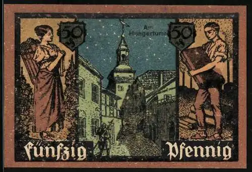 Notgeld Grünberg 1921, 50 Pfennig, Am Hungerturm, Stadtwappen