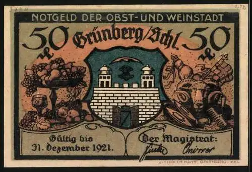 Notgeld Grünberg 1921, 50 Pfennig, Am Hungerturm, Stadtwappen