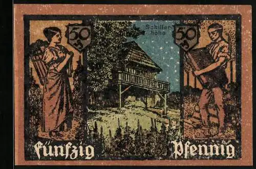 Notgeld Grünberg 1921, 50 Pfennig, Schillerhöhe, Stadtwappen und Ziegenbock