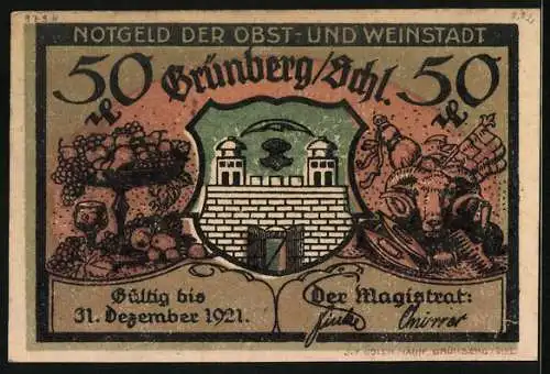 Notgeld Grünberg 1921, 50 Pfennig, Schillerhöhe, Stadtwappen und Ziegenbock