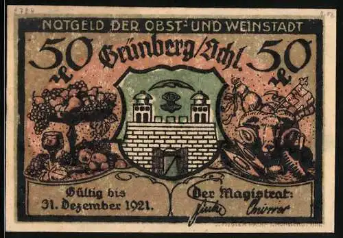Notgeld Grünberg 1921, 50 Pfennig, Stadtwappen, Ziegenbock, Weinlese