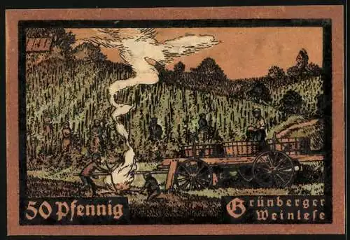 Notgeld Grünberg 1921, 50 Pfennig, Stadtwappen, Ziegenbock, Weinlese