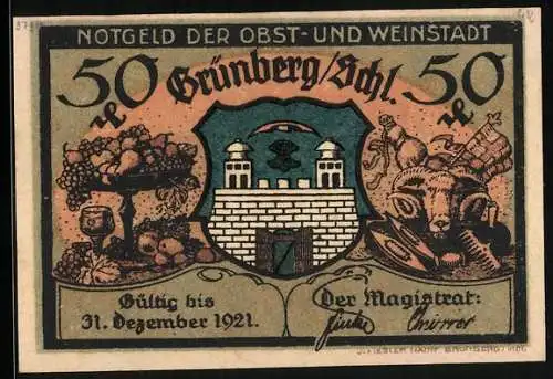 Notgeld Grünberg 1921, 50 Pfennig, Stadtwappen, Altes Haus in der Hospitalstrasse