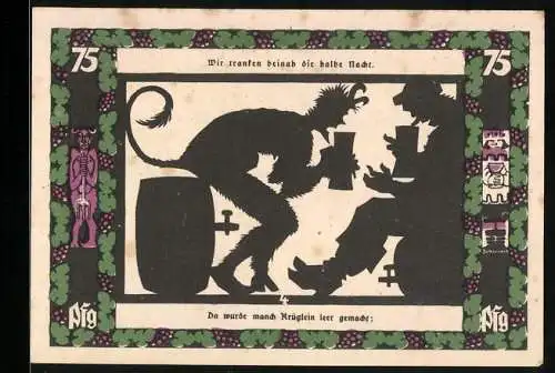 Notgeld Grünberg 1921, 75 Pfennig, Teufel und Mann beim Trinken