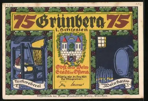 Notgeld Grünberg 1921, 75 Pfennig, Teufel und Mann beim Trinken