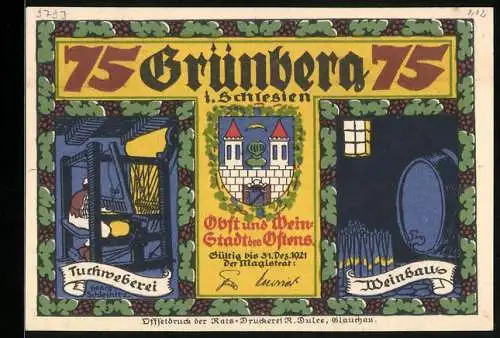 Notgeld Grünberg 1921, 75 Pfennig, Tuchweberei und Weinhaus, Teufel