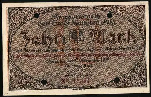 Notgeld Kempten 1918, 10 Mark, Denkmal, Unterschrift vom Bürgermeister