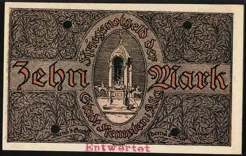 Notgeld Kempten 1918, 10 Mark, Denkmal, Unterschrift vom Bürgermeister