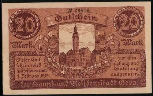 Notgeld Gera 1919, 20 Mark, Rathaus, Stadtwappen