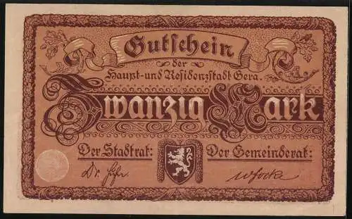 Notgeld Gera 1919, 20 Mark, Rathaus, Stadtwappen