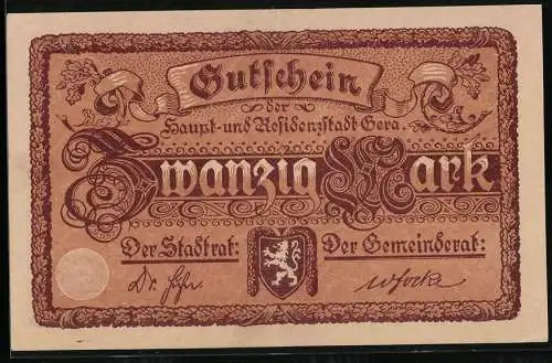Notgeld Gera 1919, 20 Mark, Stadtwappen, Unterschrift vom Stadtrat, Ansicht vom Rathaus