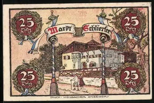Notgeld Schliersee 1921, 25 Pfennig, Gasthaus, Burg und Kirche
