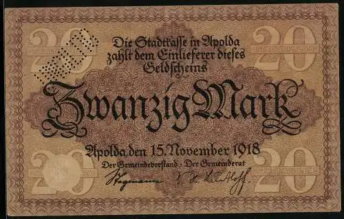 Notgeld Apolda 1918, 20 Mark, Stadtwappen